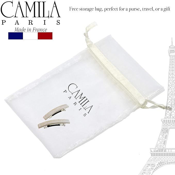 Camila Paris CP3029 French Hair Barrette Clip for Girls, Set of 2 White Rubberized Metal Clasp Strong Hold Grip Hair Clips for Women, No Slip Durable Styling Girls Hair Accessories, Made in France