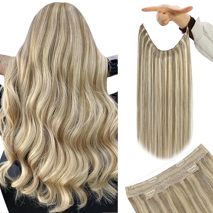 YoungSee Wire Hair Extensions Brown Blonde Invisible Wire Hair Extensions Human Hair Platinum Blonde with Light Brown Highlight Fish Line Hair Extension Real Human Hair 14 Inch 80g