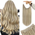 YoungSee Wire Hair Extensions Brown Blonde Invisible Wire Hair Extensions Human Hair Platinum Blonde with Light Brown Highlight Fish Line Hair Extension Real Human Hair 14 Inch 80g