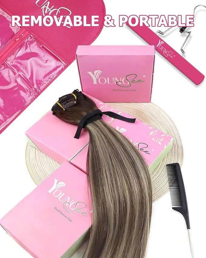 YoungSee Clip in Real Hair Extensions Balayage Brown Human Hair Clip in Extensions Chocolate Brown with Ash Blonde Balayage Clip Real Hair Extension Human Hair Long Straight 22Inch 120G 7Pcs