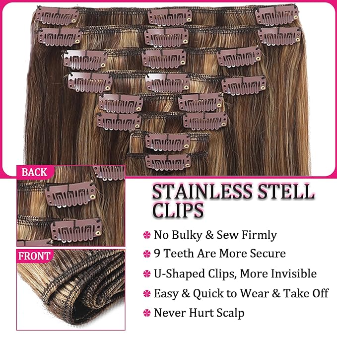 Kinky Straight Clip in Hair Extensions Real Human Hair Extensions 110g 8Pcs Soft Chocolate Brown to Honey Blonde Real Human Hair for Women Natural Hair Clip in Hair Extensions 16 Inch (4/27)