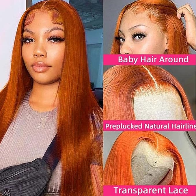 Ginger Wig Human Hair 13x4 Straight Ginger Orange Lace Front Wigs Human Hair HD Transparent Lace Frontal 350 Colored Hair Wig Pre Plucked With Baby Hair 180% Density 26inch