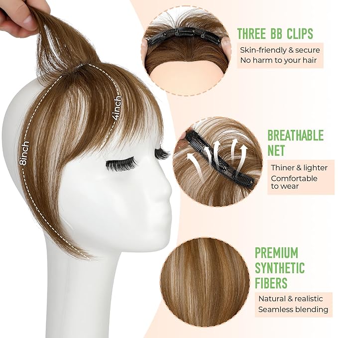 Bangs Hair Clip in Bangs 360°3D Cover Hair Topper Synthetic HairPieces for Women Light Brown Wispy Fake Bangs Toppers for Daily Wear