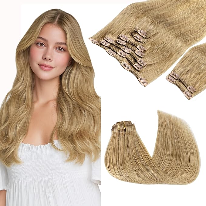 GOO GOO Clip in Hair Extensions Real Human Hair, Remy Human Hair Extensions Clip ins for Women, Natural Human Hair, 20inch 150g 9Pcs, 7 Bronde