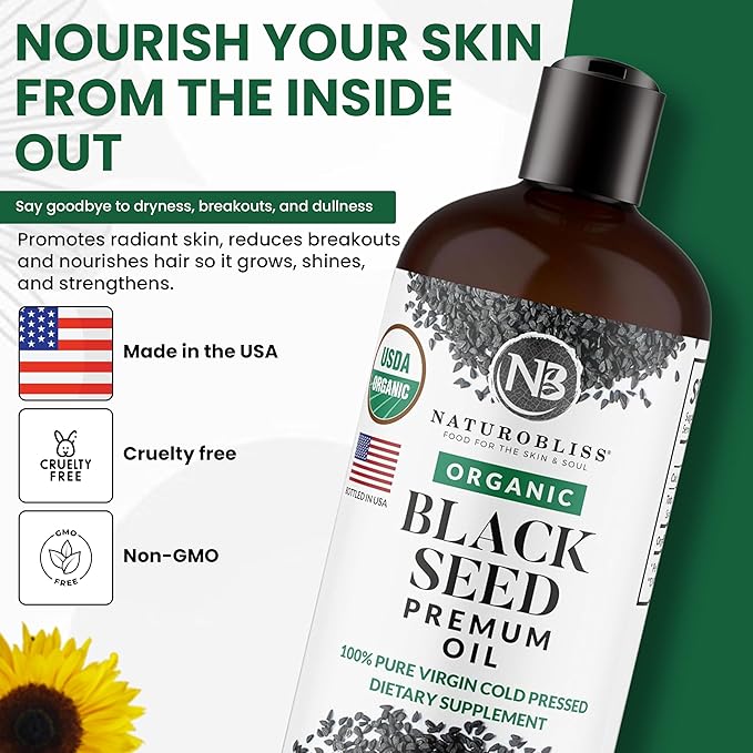NaturoBliss Organic Black Seed Oil 100 Virgin Cold Pressed Omega 3 6 9 Super Antioxidant for Immune Support, Joints, Mobility, Digestion, Hair Skin Vegan, Gluten-Free, Non-GMO USDA Certified 8oz