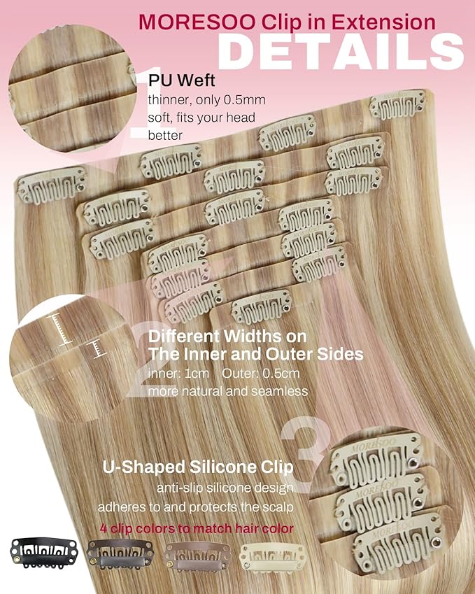 Moresoo Invisible Seamless Clip in Hair Extensions Golden Blonde with Medium Blonde Highlight Human Hair Clip in Extensions Thick for Women for Travel 14inch 120g 7pcs