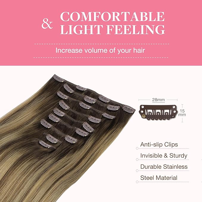 GOO GOO Clip in Hair Extensions Real Human Hair, Remy Human Hair Extensions Clip ins for Women, Natural Human Hair, 18inch 150g 9Pcs, 4/27/4 Balayage Chocolate Brown to Caramel Blonde