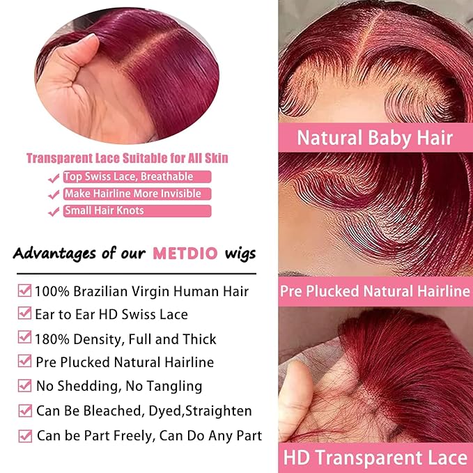 99J Burgundy wig human hair 13x4 body wave lace front wigs human hair 180 Density Pre Plucked Glueless Wine red colored lace front wig for Women 30inch