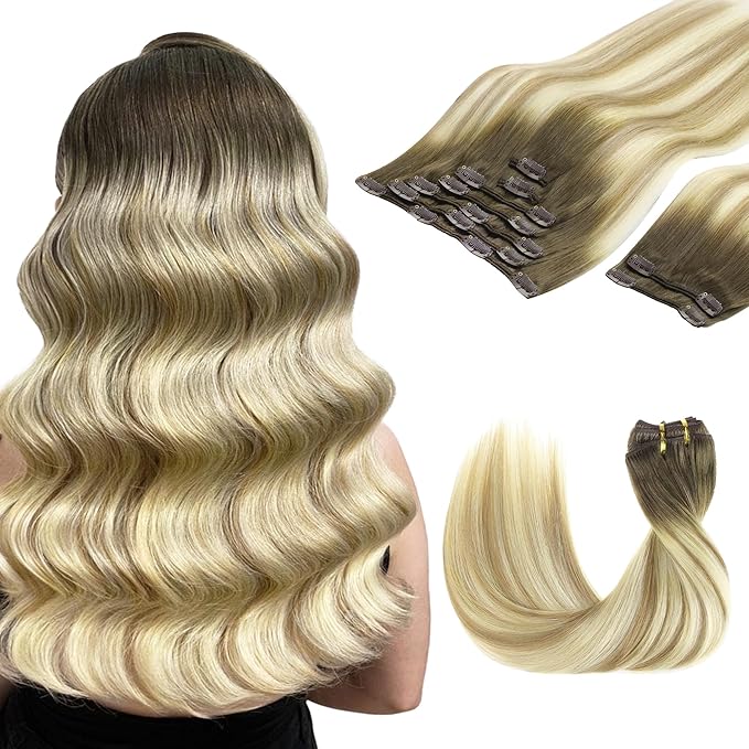 GOO GOO Clip in Hair Extensions Real Human Hair, Remy Human Hair Extensions Clip ins for Women, Natural Human Hair, 18inch 150g 9Pcs, 5A/90/16F Bahamian Balayage
