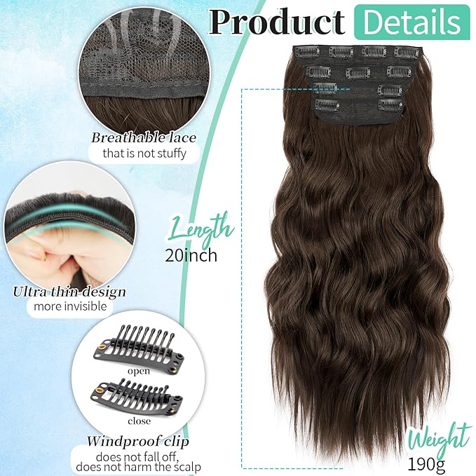 KooKaStyle Clip in Synthetic Hair Extensions Long Wavy 4PCS Thick Hairpieces Dark Chocolate Brown Fiber Double Weft Natural Hair Extensions 20 Inch for Women