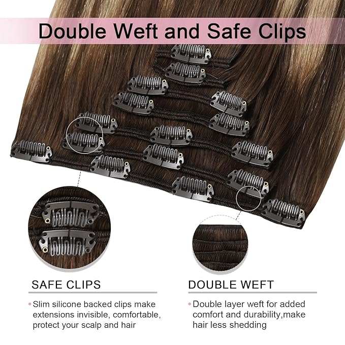 Pro2.0 Clip in Hair Extensions Real Human Hair 22inch 7pcs #4/27/4 Chocolate Brown to Caramel Blonde Remy Hair Extensions Clip in Human Hair 120g Double Weft（#4/27/4-22inch）