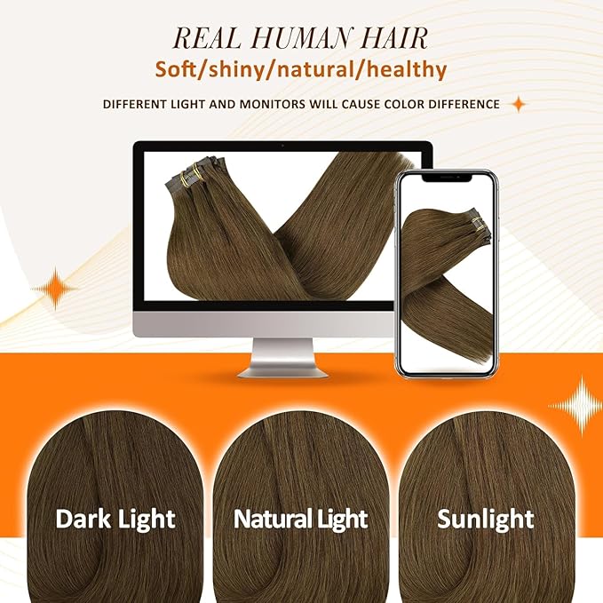 Full Shine Clip in Hair Extensions Real Human Hair Brown Seamless Hair Extensions Clip in with PU Weft Remy Human Hair Medium Brown Softness 18 Inch 8 PCS 120 G