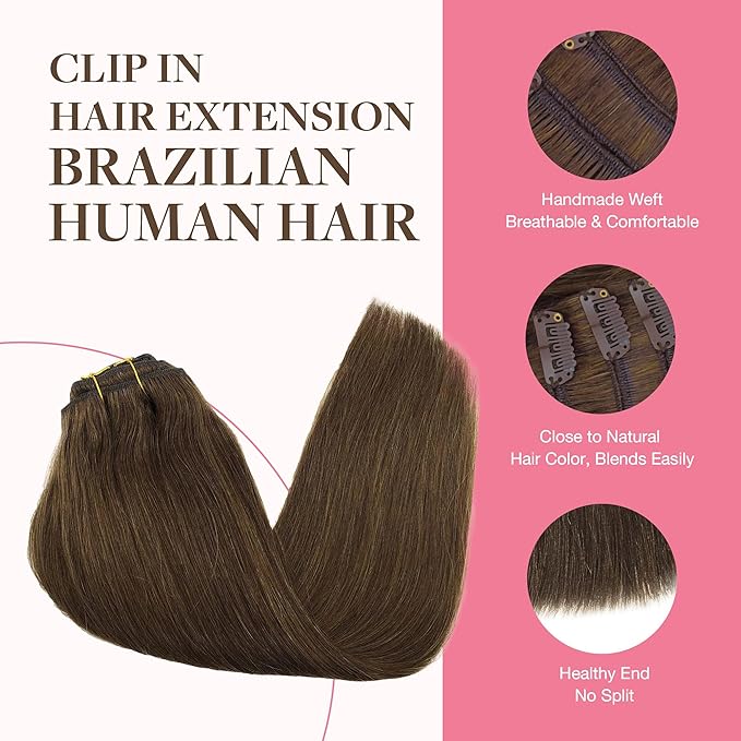 GOO GOO Clip in Hair Extensions Real Human Hair, Remy Human Hair Extensions Clip ins for Women, Natural Human Hair, 16inch 150g 9Pcs, 4A Chocolate Brown