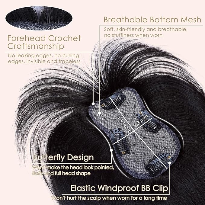 Hair Toppers for Women Clip in Bangs Real Human Hair,10 Inch 30g Natural Black Topper for Women 150% Density Silk Base Clip in Pieces Straight Hair for Thin Hair Daily Use