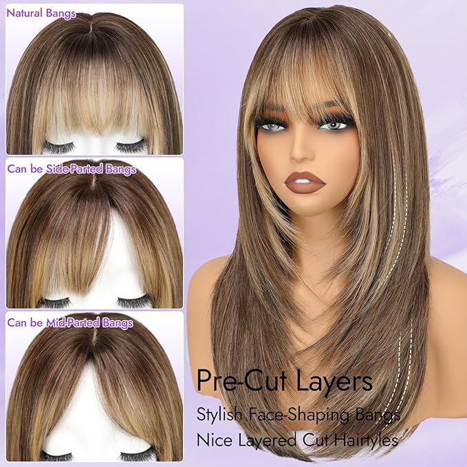 Wig with Bangs for Women Ombre Brown to Blonde Straight Face-Framing Layers Hairstyle 4x4 Realistic Scalp Glueless Synthetic Wigs Medium Length for Everyday Use