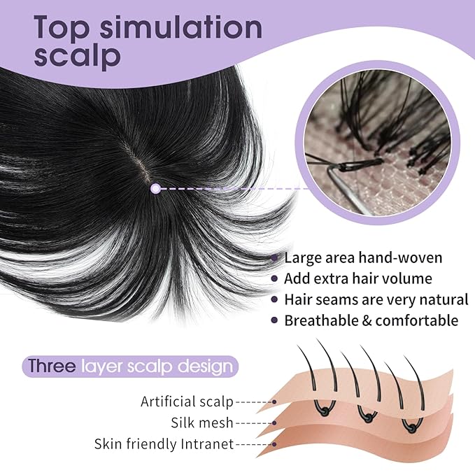 14 Inch Hair Topper For Women Real Human Hair Invisible Hairpiece for Thinning Hair, Jet Black Real Human Hairpiece for Women