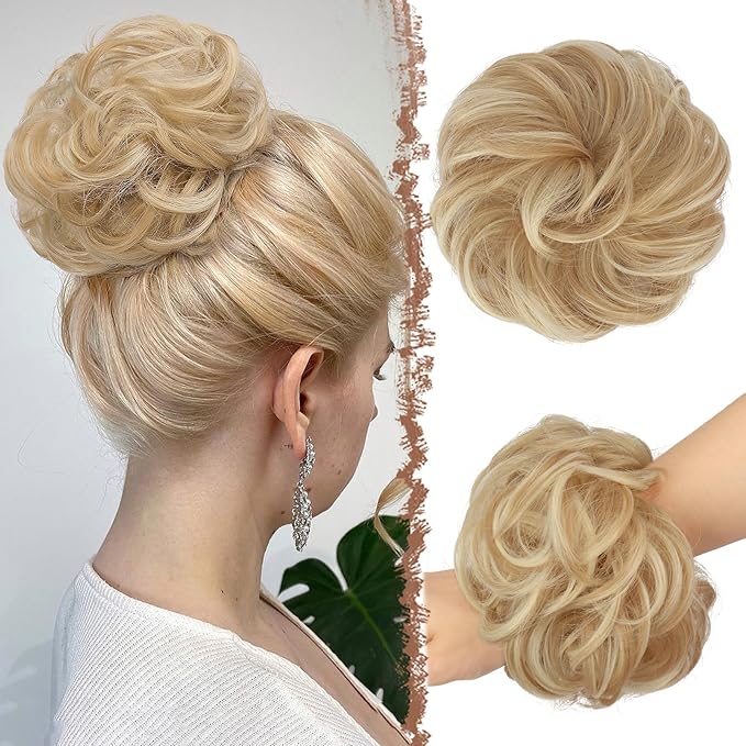 FESHFEN Messy Bun Hair Pieces - Large Wavy Curly Elastic Hair Bun Scrunchies Ponytail Extensions Synthetic Chignon Hairpieces for Women, Dark Golden Mix Beige Blonde 1.94oz