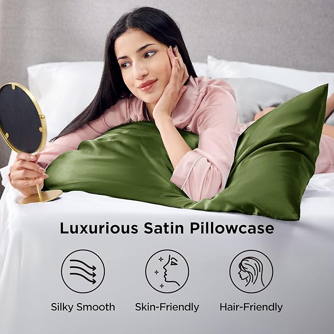 Bedsure Satin Pillowcase for Hair and Skin Queen - Moss Silky Pillowcase 2 Pack with Envelope Closure, Similar to Silk Pillow Cases, Olive Green Decor Gifts for Women Men, 20x30 Inches, 2pcs