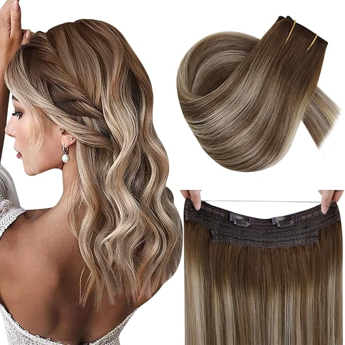 RUNATURE Brown Balayage Wire Hair Extensions Real Human Hair, Invisible Wire Hair Extensions Short, Remy Straight Soft Hair，Natural Blending, 12 Inch 70g #3/8/22 Walnut Brown Ombre Light Blonde