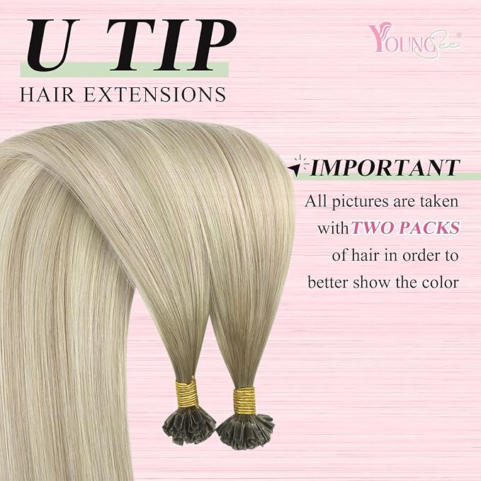 YoungSee U Tip Hair Extensions Human Hair Ash Blonde with Platinum Blonde Balayage Utip Real Hair Extensions for Women 20In 1G/S 50G