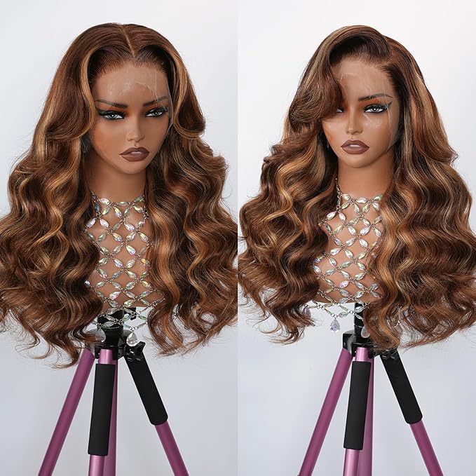 Honey Blonde Body Wave Lace Front Wig Human Hair 13x4 Full Frontal Lace Wig Skinlike HD Lace 0.10mm Ultra-Thin Invisible 4/27 Highlight Ombre Blonde 200% Density Pre plucked Bleached Knots 32 inch