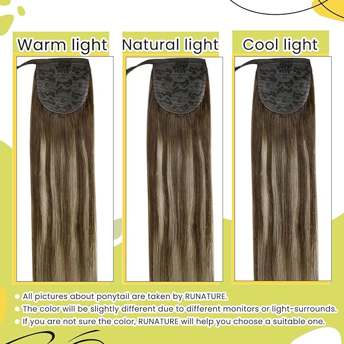 RUNATURE Human Hair Ponytail Extension, Balayage Ponytail Extension Human Hair, Straight Remy Hair Extensions with Magic Paste, 18 Inch 80g #4/27/4 Medium Brown with Honey Blonde Balayage