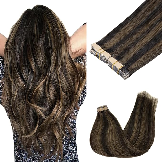 GOO GOO Tape in Hair Extensions Human Hair, 2/6 Dark Brown Highlighted Chestnut Brown, 20inch 100g 40pcs, Skin Weft Seamless Invisible, Silky Straight with Thick Ends, Remy Human Hair
