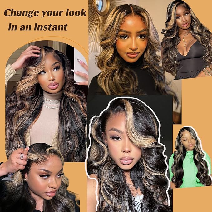 13x6 Balayage Highlight Lace Front Wig Human Hair 13x6 HD Lace Front Wigs Human Hair Pre Plucked Ombre Body Wave Wig 200% Density FB/27 Colored Frontal Wigs Glueless Wigs for Women 26 Inch