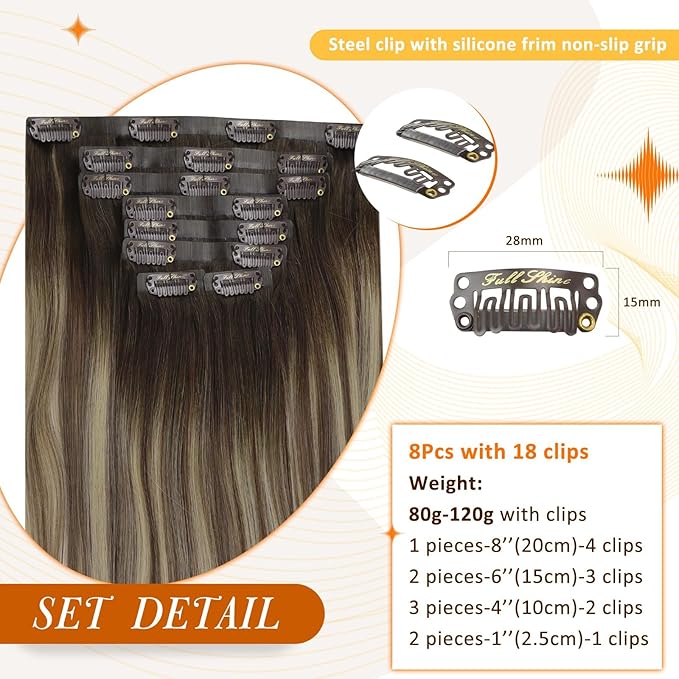 Full Shine 22 Inch Real Hair Extensions Clip in Brown Balayage Ombre Brown to Light Blonde Mix Brown Human Hair Extension Clip ins for Long Hair Add Volume 8 PCS 120 G