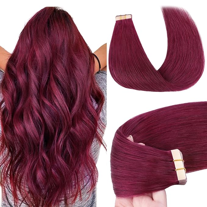 GOO GOO Tape in Hair Extensions Human Hair, Burgundy, 12inch 40g 20pcs, Skin Weft Seamless Invisible, Silky Straight with Thick Ends, Remy Human Hair