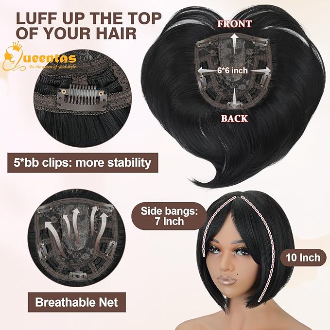 QUEENTAS Black Hair Topper for Women with Thinning Hair Pieces 6"*6"Large Coverage 360°3D Cover Silver Synthetic Short Bob with 5 Clips in Wiglets(Natural Black)