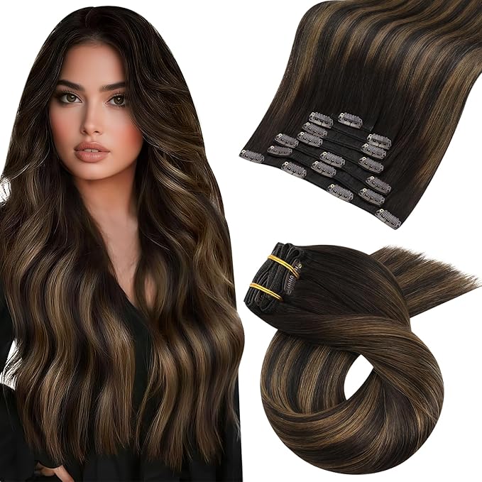 Moresoo Clip in Hair Extensions Remy Double Weft Human Hair Clip in Extensions Straight Balayage Hair Extensions Real Human Hair Clip ins Ombre Dark Brown with Chestnut Brown 7pcs/120g 18inch