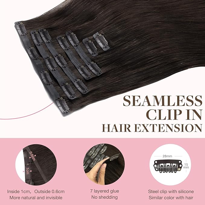 GOO GOO Clip in Hair Extensions Real Human Hair, Remy Human Hair Extensions Clip ins for Women, Natural Human Hair, 18inch 110g 7Pcs, 2A Light Brown