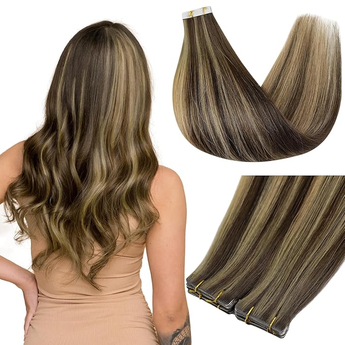 Full Shine Remy Virgin Injection Tape in Hair Extensions Real Human Hair Color BM Balayage Tape in Extensions 16 Inch Seamless Tapes in Human Hair Invisible Tapes Extensions 5Pcs 10G