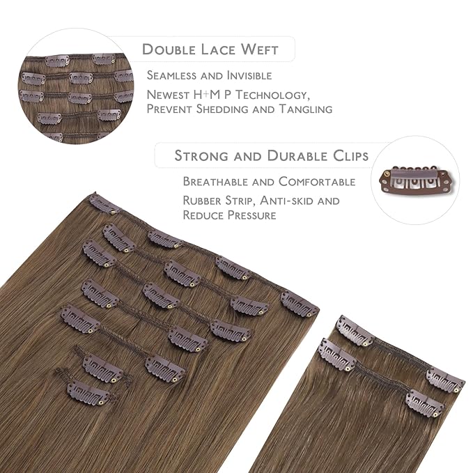 WENNALIFE Clip in Hair Extensions, 150g 16 Inch 9pcs Light Ash Brown Human Hair Extensions Thicker Clip in Hair Extensions Real Human Hair Clip Set Double Weft