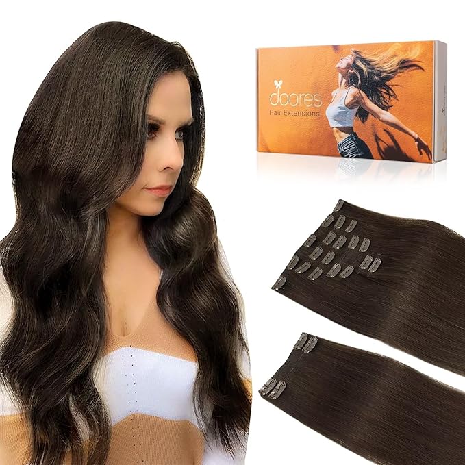 DOORES Clip in Hair Extensions, Light Dark Brown 24 Inch 150g 9pcs, Remy Hair Extensions Clip in Human Hair Human Hair Extensions Clip ins Extensions Human Hair Natural Straight Thick Hair Extensions