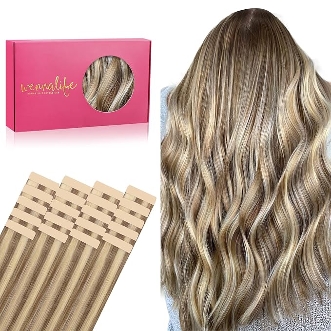 WENNALIFE Tape in Hair Extensions Human Hair, 20pcs 60g 26 inch Ash Brown with Platinum Blonde Highlights Remy Hair Extensions Straight Human Hair Tape in Extensions Skin Weft Tape Extensions
