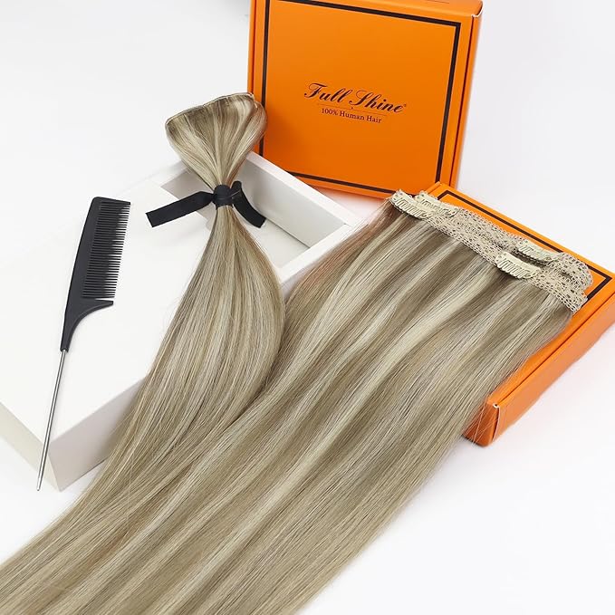 Full Shine Clip in Hair Extensions Real Human Hair 20 Inch Ash Blonde hair extensions Ash Brown With Blonde Remy Hair Extensions Highlights Human Hair Straight Long Remy Hair 3Pcs 60G