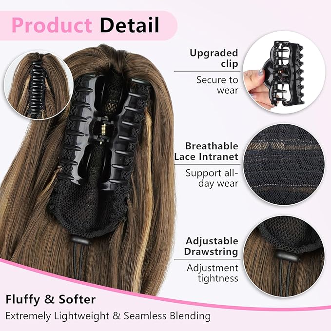 ALXNAN Ponytail Extension,24 Inch Claw Clip in Long Curly Wavy Chocolate Brown with Highlights Ponytail Hair Extension Jaw Clip on Pony Tails Hairpiece for Women