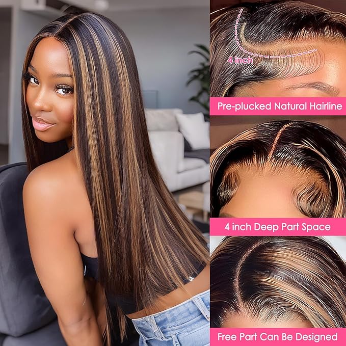 Highlight Ombre Lace Front Wig Human Hair Straight Wigs Human Hair 1B/30 Brown Highlight 13x4 Lace Front Wigs human hair Pre Plucked 200% Density Colored 26 Inch Balayage Glueless Wigs for Women