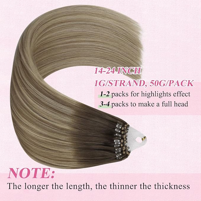 YoungSee Micro Link Hair Extensions Human Hair Balayage Micro Bead Hair Extensions Real Human Hair Brown Ombre Blonde Micro-Ring Hair Extension 14In Bead Hair Extension for Short Hair 50s/50g