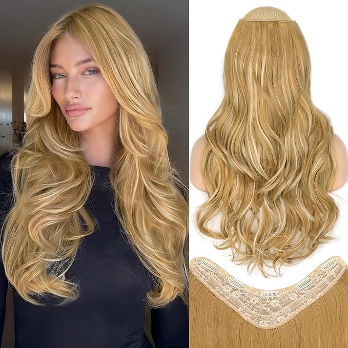 ALXNAN Long Wavy Hair Extensions for Women, Clip in Hair Extensions Clip Ins Soft Full Head Synthetic Hairpieces 20 Inch Dark Ash Blonde mix Light Blonde Highlights