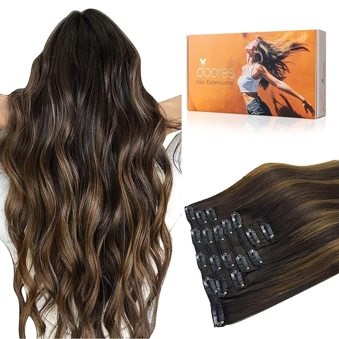 DOORES Clip in Hair Extensions Real Human Hair, Balayage Dark Brown to Chestnut Brown 18 Inch 7pcs 135g, Remy Thick Extensions Clip ins for Women Straight Weft