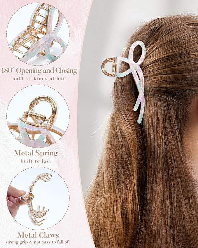 ACECHA 2 Pack Gold Metal Bow Hair Claw Clips for Women, 4.5" Colorful Non-slip Hairclips for Thick Thin Hair Claws Strong Hold Styling (B-Colorful & Chocolate)