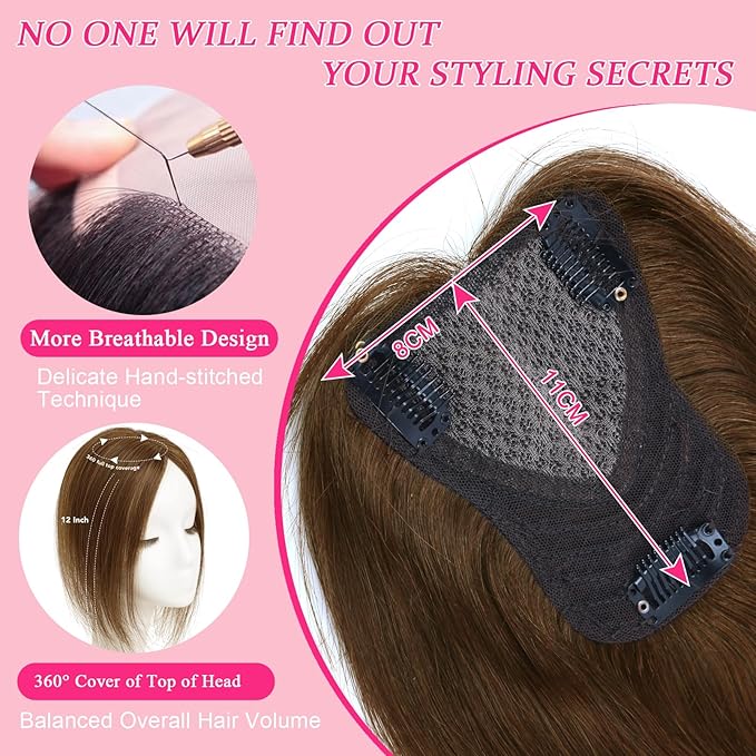 Hair Toppers for Women Real Human Hair Topper Upgrade Swiss Lace Middle Part Clip in Bangs Remy Human Hair Straight Hairpieces for Thinning Realistic Scalp 360° Cover Gray Hairy Roots Caramel Brown