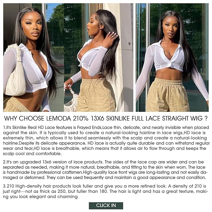 Lemoda SKINLIKE Real HD 13x6 Full Lace Frontal Wig 210% Straight 15A 13x6 Full Lace Frontal Human Hair Wigs 30Inch Invisible Knots 0.10mm Frayed Ends Lace Natural Hairline Thick Soft Ends Wig