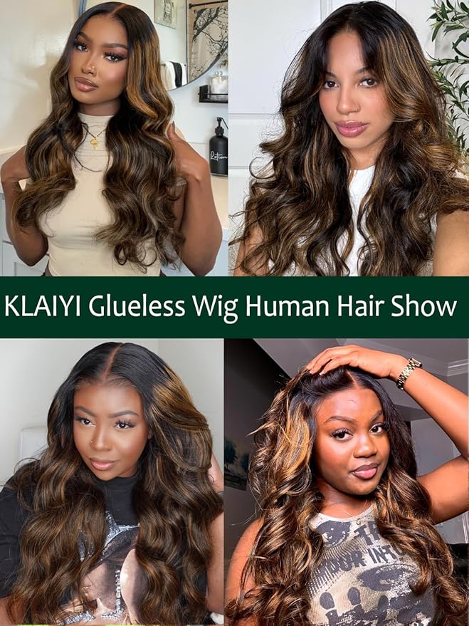 KLAIYI Bye Bye Knots Glueless Ombre Brown Body Wave Pre Cut 7x5 Lace Front Wigs Human Hair Drawstring Pre Plucked Bleached Pre Everything Ready to Wear and Go Wig Highlight Balayage Colored Wig 24Inch