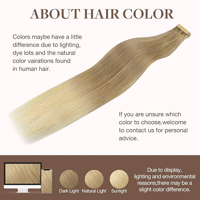GOO GOO Tape in Hair Extensions Human Hair, O18G/22G(L) Golden Beige Blonde with Ash Highlights, 16inch 50g 20pcs, Skin Weft Seamless Invisible, Silky Straight with Thick Ends, Remy Human Hair