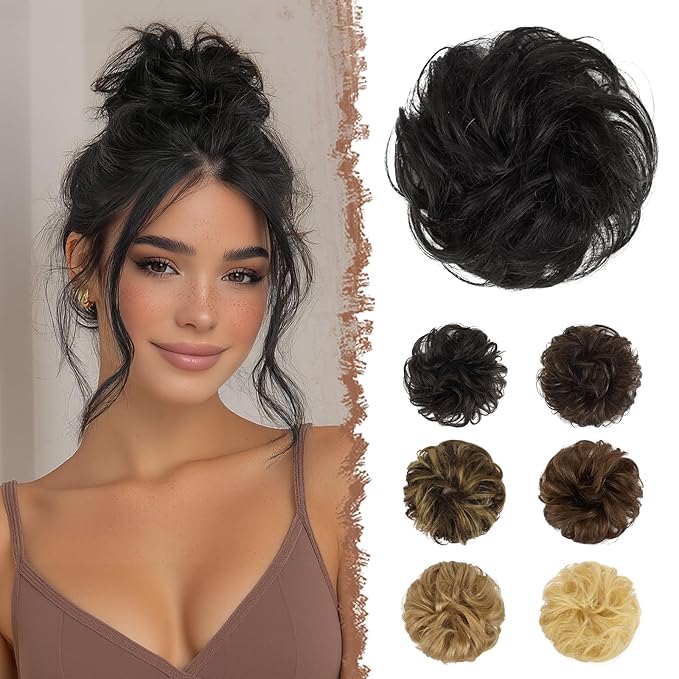 FESHFEN Human Messy Buns - 100% Human Hair Bun Real Scrunchies Hair Pieces Ponytail Extensions Wavy Tousled Updo Chignon Hairpieces for Women, Natural Black