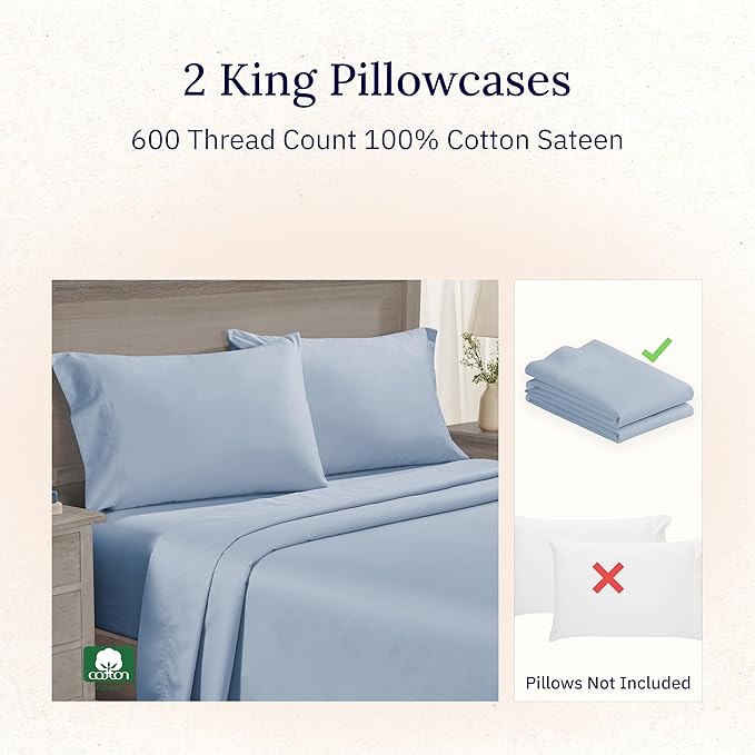 CALIFORNIA DESIGN DEN Luxuriously Soft Hotel Quality 600 Thread Count, 100% Cotton Set of 2 Cases, Crisp & Cool King Size Pillowcases Set of 2, Fits King Pillows (Blue)